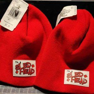 2 red toques / beanies "I'm a sled head" (brand-new)